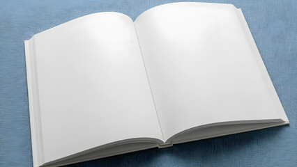 Open Blank Book Mockup with White Pages on Blue Textured Background.