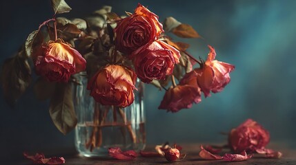 Wilting crimson roses droop dramatically inside a clear glass vase against a dark backdrop