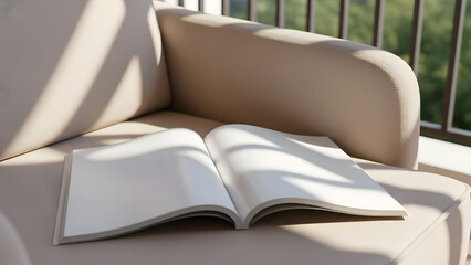 Open Blank Book on Cozy Sofa with Soft Sunlight and Window Shadows.