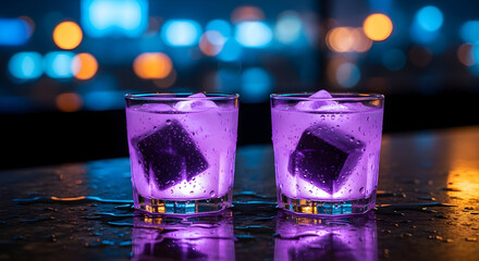 Two vibrant purple cocktails with ice cubes on a wet bar counter with blurred neon lights.