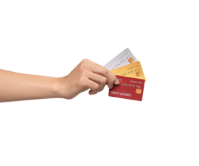 Close up male hand holding gold credit card isolated on white background with clipping path. Concept for financial transaction, shopping, and electronic payment.