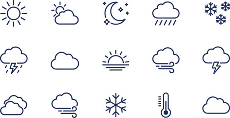 Minimalist weather forecast line icon set with sun clouds rain snow storm and temperature symbols for meteorology mobile application. © pappa