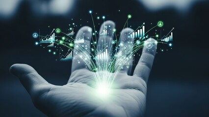A hand holding a glowing light with digital graphs and charts emanating from it
