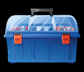 Transparent blue plastic toolbox with orange latches for visible hardware and small parts organization storage box