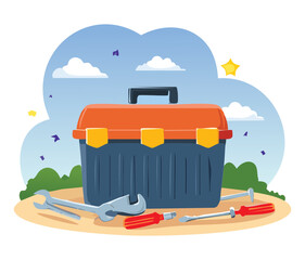 Professional blue and orange toolbox illustration set in a natural outdoor green park environment for service