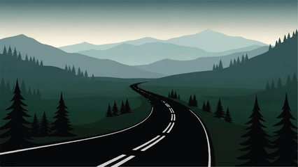 A winding road leads through a serene mountain landscape with pine trees vector illustration