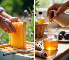 Hands removing honeycomb from box and pouring honey into glass jar  