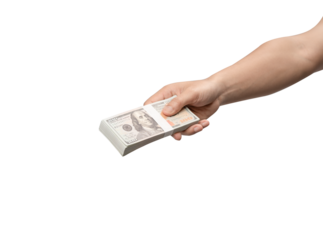 Male hand holding a thick stack of 100 US dollar banknotes isolated on light grey background. Concept for wealth, loan, payment, and financial success.
