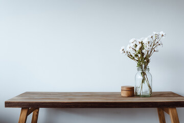 Minimalist Arrangement of White Flowers in a Glass Vase on a Wooden Table