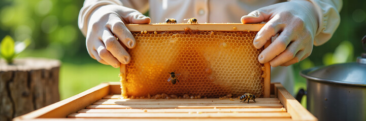 Hands removing honeycomb from beehive in outdoor garden setting  