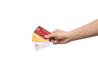 Close up male hand holding gold credit card isolated on white background with clipping path. Concept for financial transaction, shopping, and electronic payment.