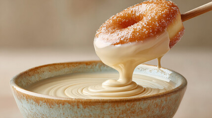 Delicious dessert experience with donut dipped in creamy sauce at a cozy cafe