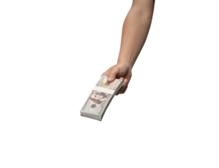 Male hand holding a thick stack of 100 US dollar banknotes isolated on light grey background. Concept for wealth, loan, payment, and financial success.
