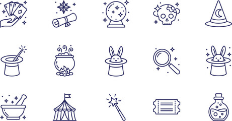 Magic mystery and wizardry line icon set for fantasy entertainment occult fortune telling circus show and mystical occult symbols. © pappa