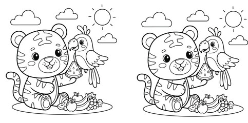 Obraz premium Kids Coloring Book Page with Cute Tiger and Parrot Sharing Fruit Picnic Outdoor Scene
