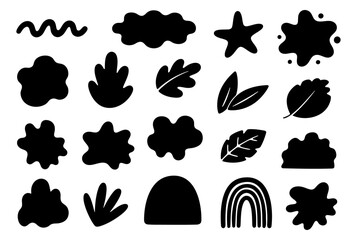 Set of abstract black organic shapes and leaves elements