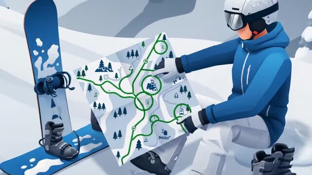 Snowboarder Planning Route On Mountain Map For Winter Adventure In Cartoon Style