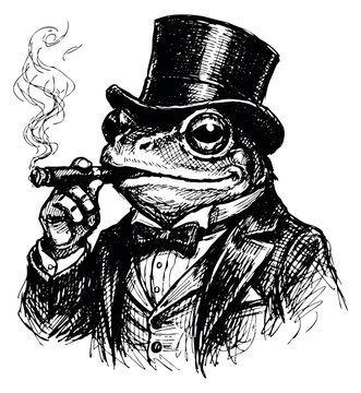 Hand drawn line art illustration of a gentleman frog depicting smoking a cigar and wearing a top hat for vintage character designs