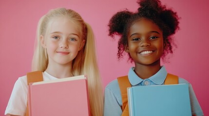 Two children ready for school, smiling and holding books.