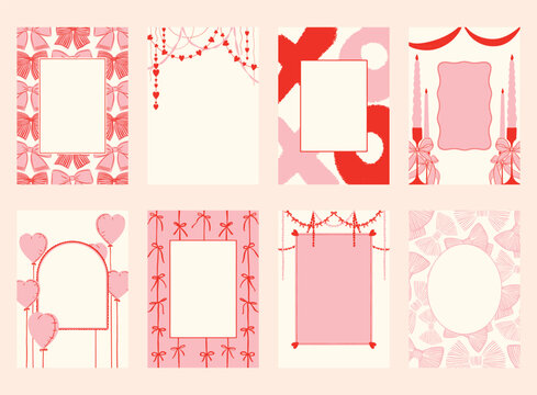 Set of 8 Hand-Drawn Romantic Frames with Hearts, Candles, Bows, Balloons, and Garland &ndash; Red, Pink, Beige Cute Decorative Borders