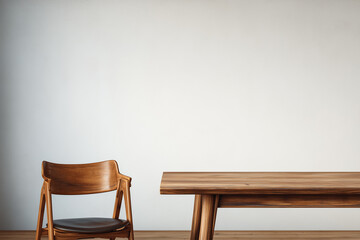 Stylish wooden table paired with a modern chair in a minimalist setting