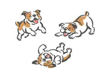English bulldog poses set cartoon doodle vector illustration