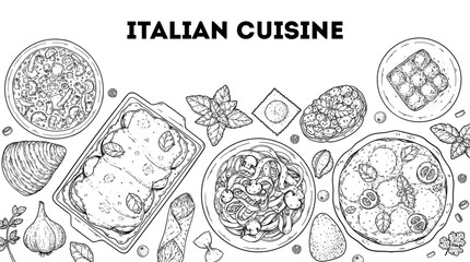 Italian cuisine top view frame. Italian food. Vector drawing illustration. Set of sketches of Italian dishes. Food menu design template. Not AI generated.