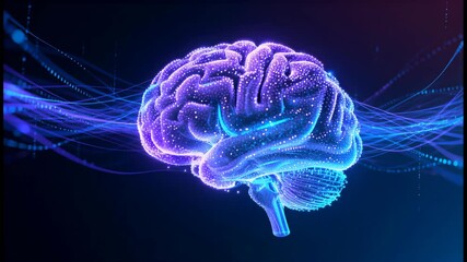 Futuristic 4K visualization of a glowing digital human brain with neural network activity and artificial intelligence data particles. - Powered by Adobe