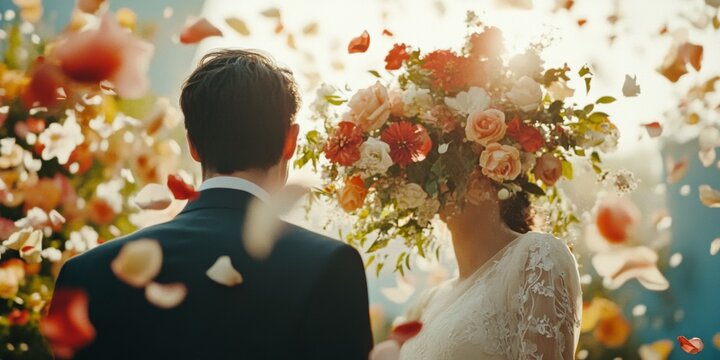 Happy couple posing for wedding photo amidst floral shower.