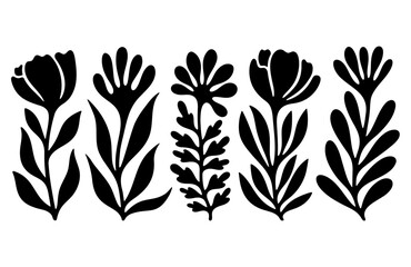 Set of hand drawn black floral silhouettes and leaves