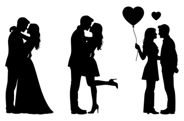 Set of romantic couple silhouettes kissing and holding heart balloons