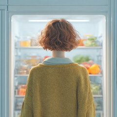 Woman in cozy sweater contemplating healthy food options in modern refrigerator at home during evening