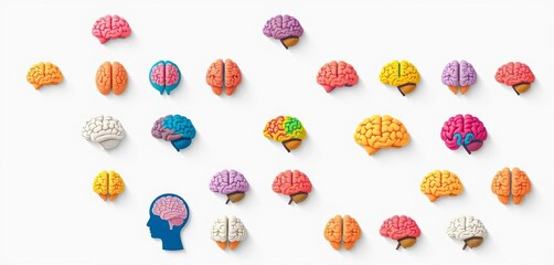 Set of colorful flat brain icons, various styles and angles,  idea,  colorful