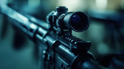 A detailed view of a rifle's scope in an indoor setting.