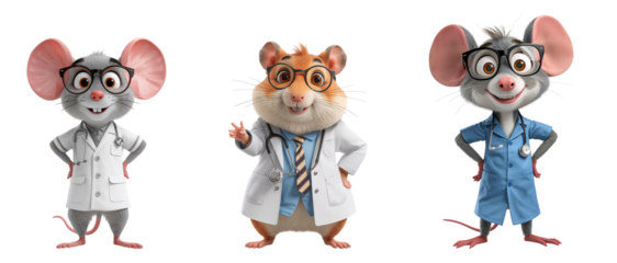 A funny cartoon character hamster and mouse doctor in clothes isolated on transparent background