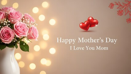 Happy mother's day greeting with pink roses and hearts