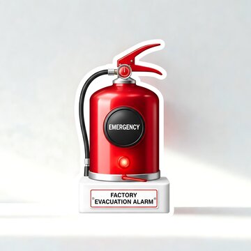 Industrial fire alarm system with a red extinguisher-style body, "EMERGENCY" button, and "FACTORY EVACUATION ALARM" sign in a clean 3D cartoon sticker style for workplace safety branding.