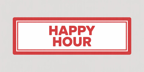 Red and white happy hour sign with bold lettering on a light gray background text