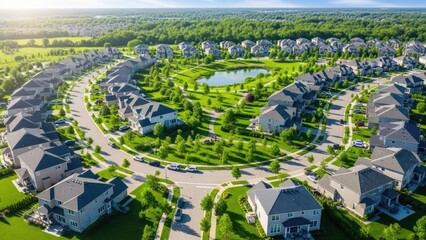 Aerial view of suburban neighborhood with curved streets and green spaces
