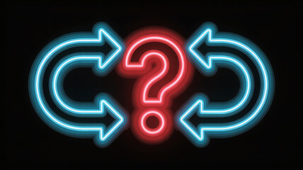 Vibrant neon question mark with circular blue arrows