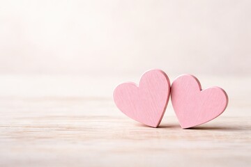 Fototapeta premium Two pink wooden hearts on a light wood surface
