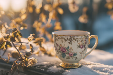 Delicate tea cup adorned with floral patterns resting on a snow-covered table