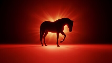Majestic Horse Silhouette in Fiery Red Light on Dark Background.