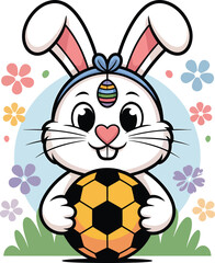 Easter Bunny Soccer Mascot Holding Ball, Cute Cartoon Vector Illustration