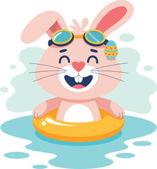 Easter Bunny Swimming with Goggles in Yellow Inflatable Ring.