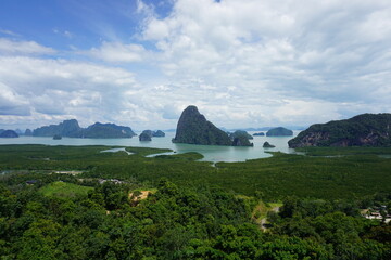 Wide tropical bay with limestone islands and mangroves