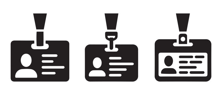 Black and white ID badge icons with lanyards. on white background.
