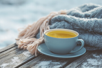 Warm tea in a blue cup beside a cozy scarf on a rustic wooden surface