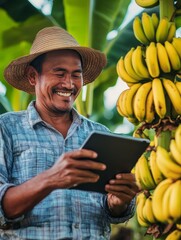 A smiling Asian man in a straw hat and plaid shirt stands among ripe bananas on the tree while holding a tablet computer.