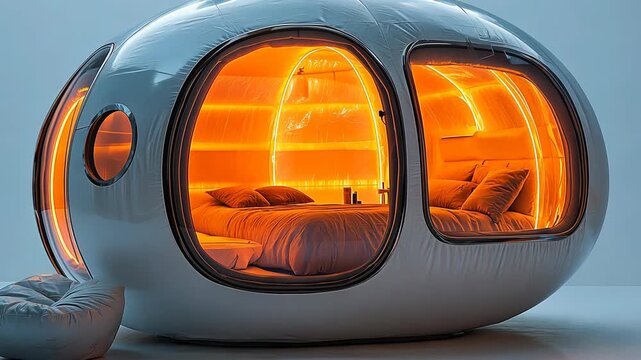 Futuristic egg-shaped bedroom pod with transparent walls and orange lighting.